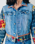 RECLAIMED JEAN JACKET in upcycled blue DENIM and traditional Indian KANTHA COTTON RED PRINT