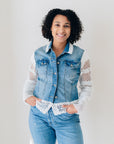 RECLAIMED JEANNIE JACKET in upcycled cotton blue DENIM with white lace sleeves