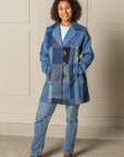 ENDLESS SUCCESS TAILORED knee-length COAT, UPCYCLED blue DENIM PATCHWORK