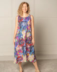 ALL DAY SHIFT DRESS, midi length, in 100% LINEN in magenta blue design