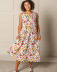 ALL DAY SHIFT DRESS, midi length, in 100% LINEN in GARDEN PRINT design