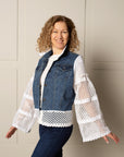 RECLAIMED JEANNIE JACKET in upcycled blue DENIM with white lace sleeves