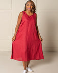ALL DAY SHIFT DRESS, midi length, in 100% LINEN in berry red