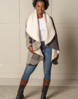 SIGNATURE MULTI-WAY CIRCLE COAT | WOOL BLEND PATCHWORK PLAID - BEIGE/CREME