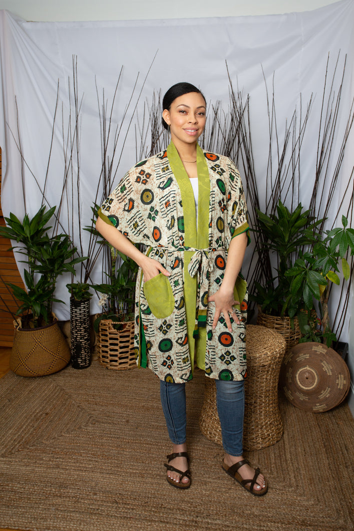 Green Print Kimono on model