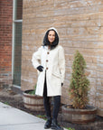 HAPPY HOODIE PUFFER knee-length COAT, 100% LINEN in CREME