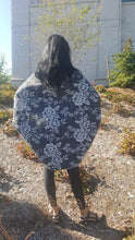 Load image into Gallery viewer, Reversible Cocoon Coat charcoal and flower pattern back view
