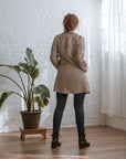 back view- knee length linen coat with buttons