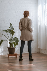 back view- knee length linen coat with buttons