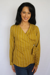 wrap tied shirt in yellow with stripes
