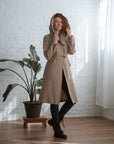 happy hooded long justice coat in 100% linen, natural colour tone