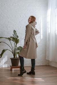 hooded long coat in natural from the side