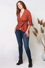 Load image into Gallery viewer, red striped wrap tied shirt
