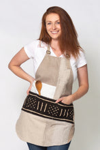 Load image into Gallery viewer, Patchwork linen and cotton apron. Fully lined with front mudcloth pocket.