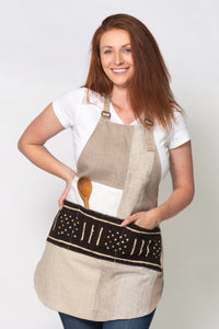 Patchwork linen and cotton apron. Fully lined with front mudcloth pocket. 