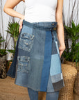 REVIVAL WRAP PATCHWORK knee-length SKIRT in COTTON blue DENIM 