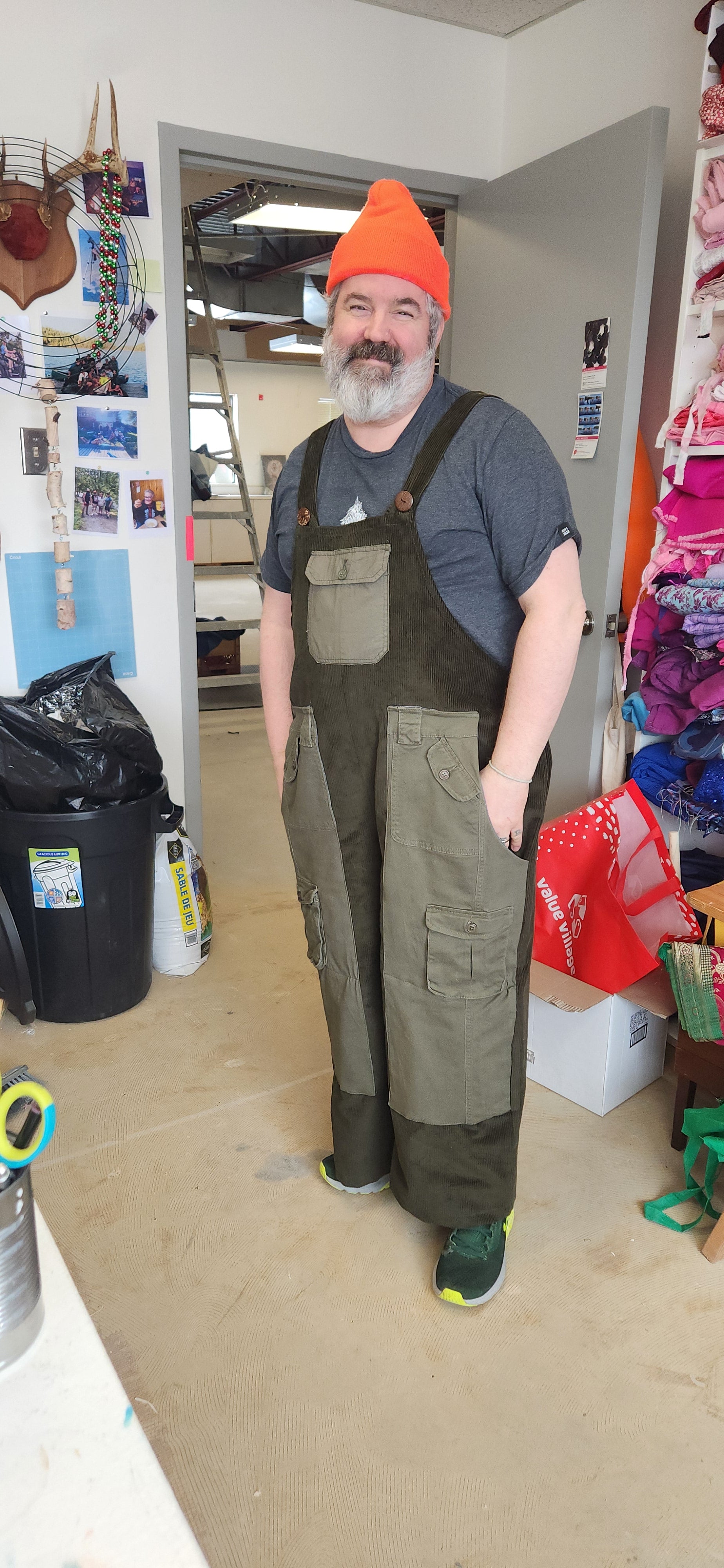 URBAN REWORK OVERALLS in WASHED CEDAR GREEN CORDUROY with upcycled pockets