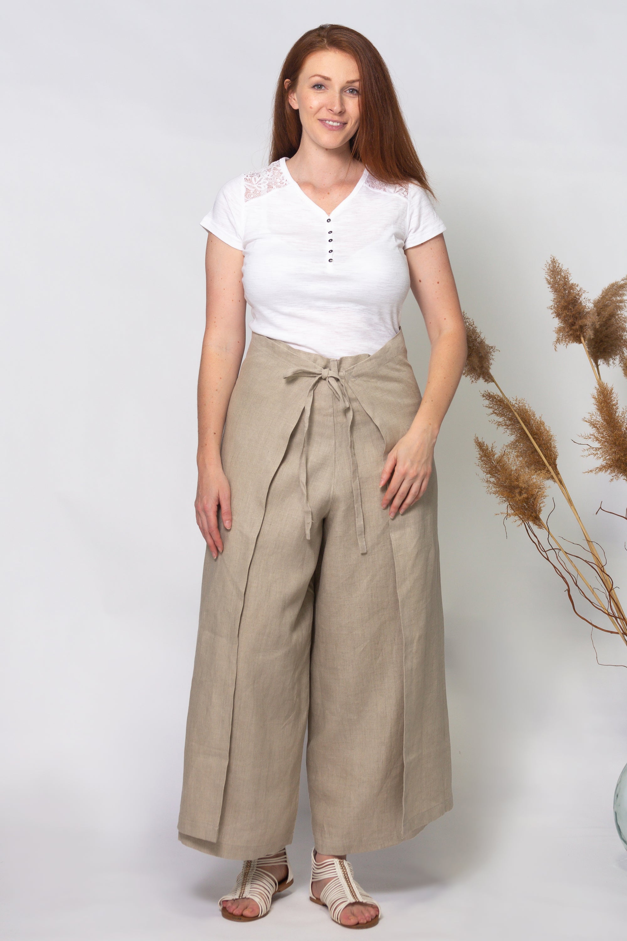 WONDER WRAP PANTS in 100% light taupe LINEN 