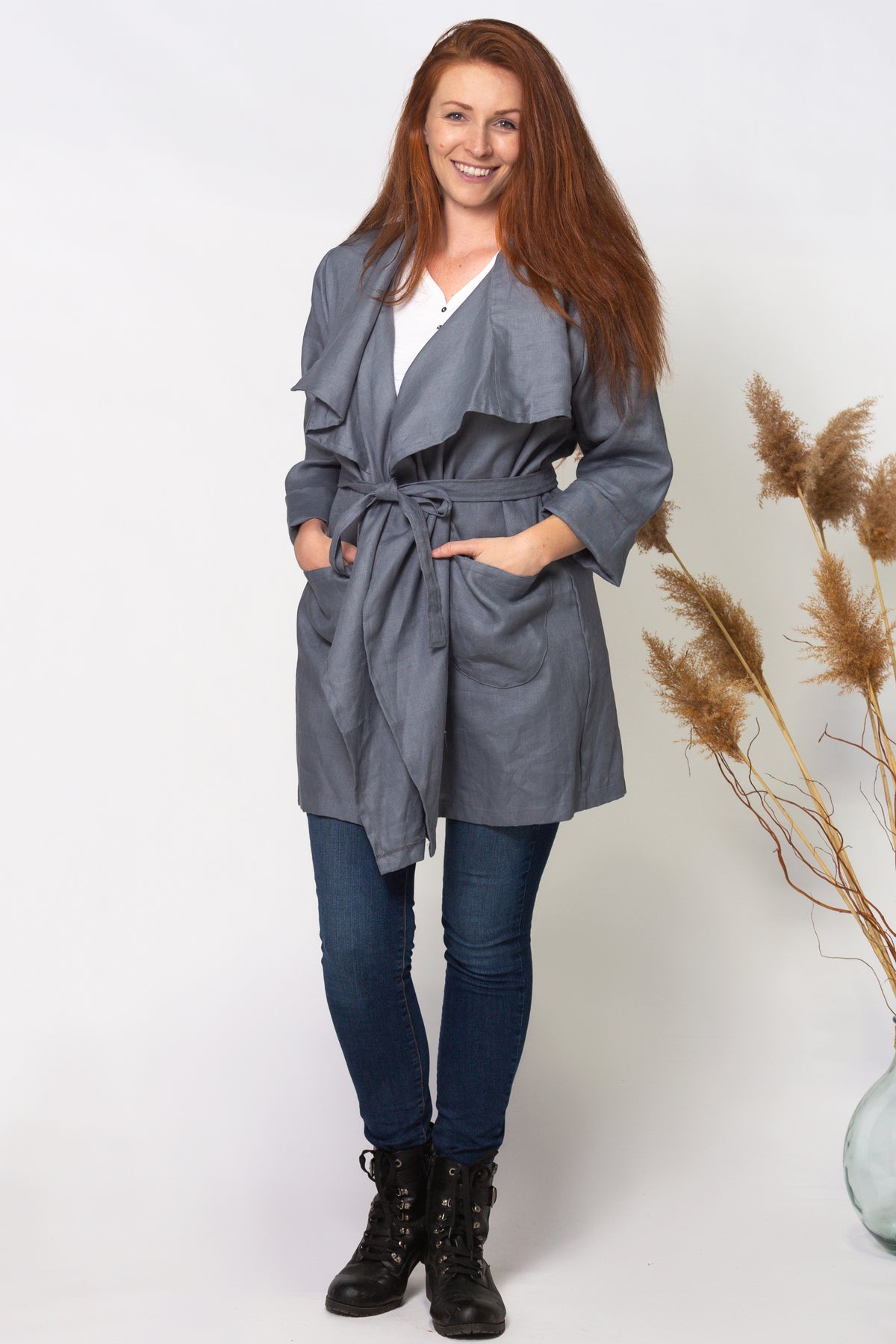 3-WAY FREEDOM DRAPE COAT, knee length, 100% LINEN -blue, sustainable