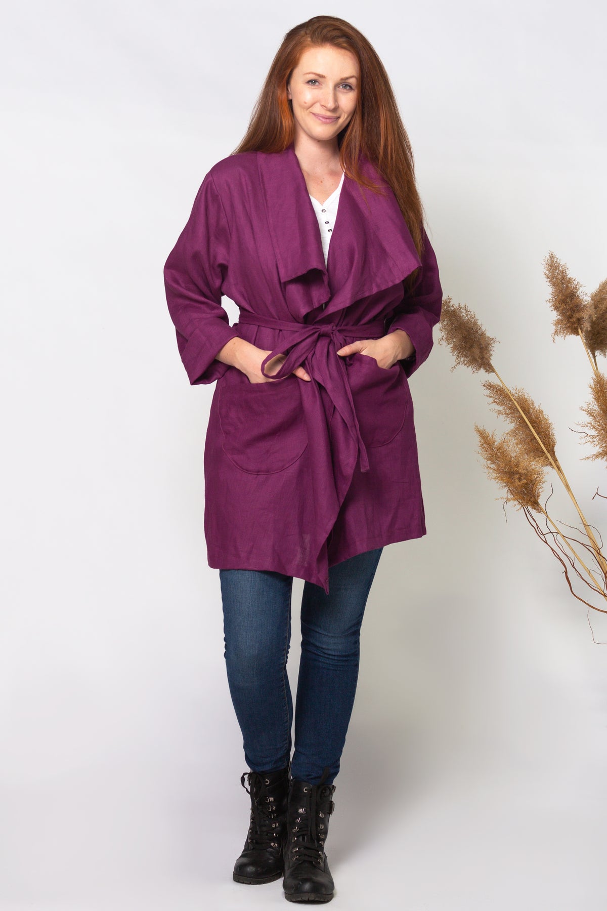 3-WAY FREEDOM DRAPE COAT, knee length, 100% LINEN - AMETHYST colour