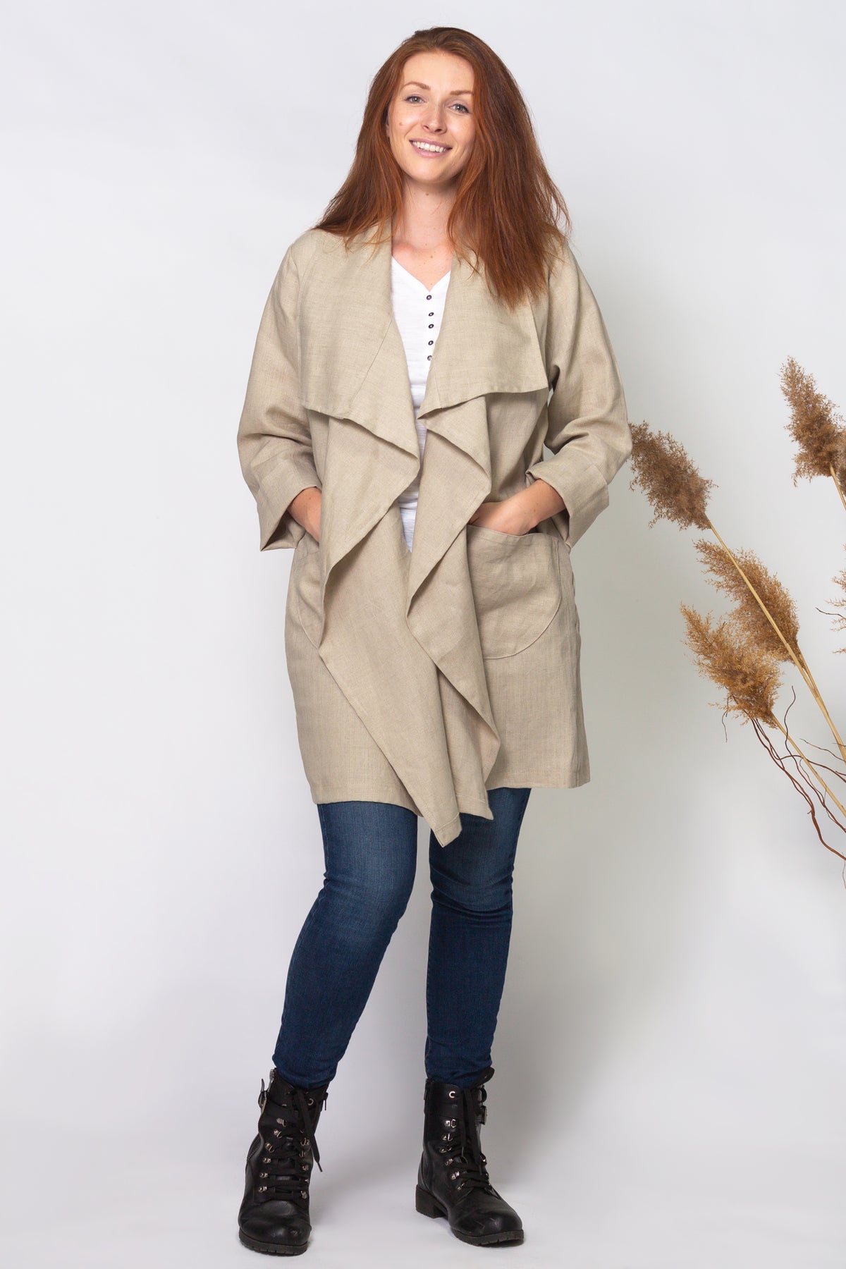 3-WAY FREEDOM DRAPE COAT, knee length, 100% LINEN in light taupe colour 