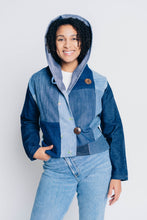 Load image into Gallery viewer, JUSTIFY JACKET HOODIE | UPCYCLED DENIM PATCHWORK - BLUES
