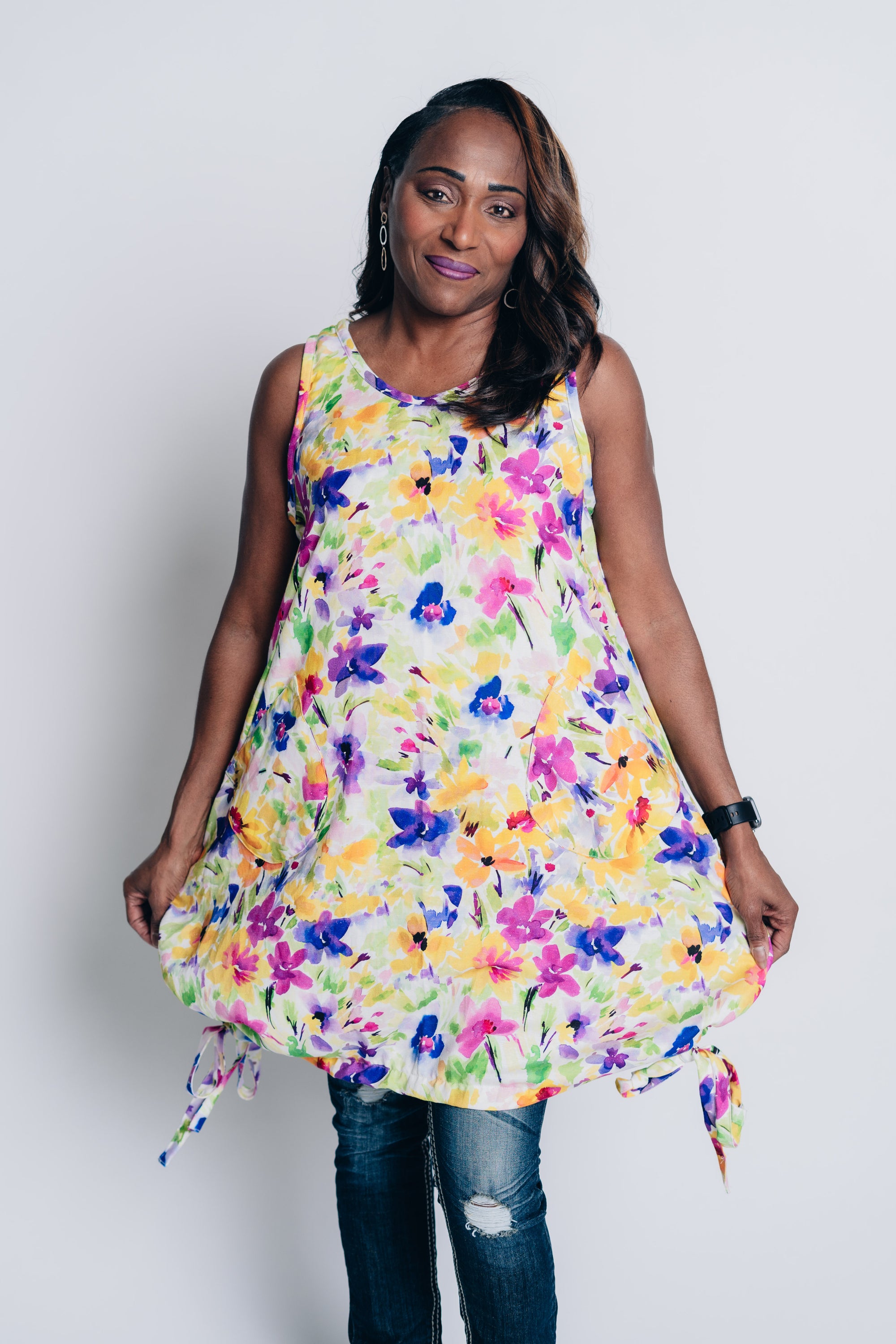 PLAYFUL CELESTE DRESS in LINEN COTTON BLEND with Multi colour design