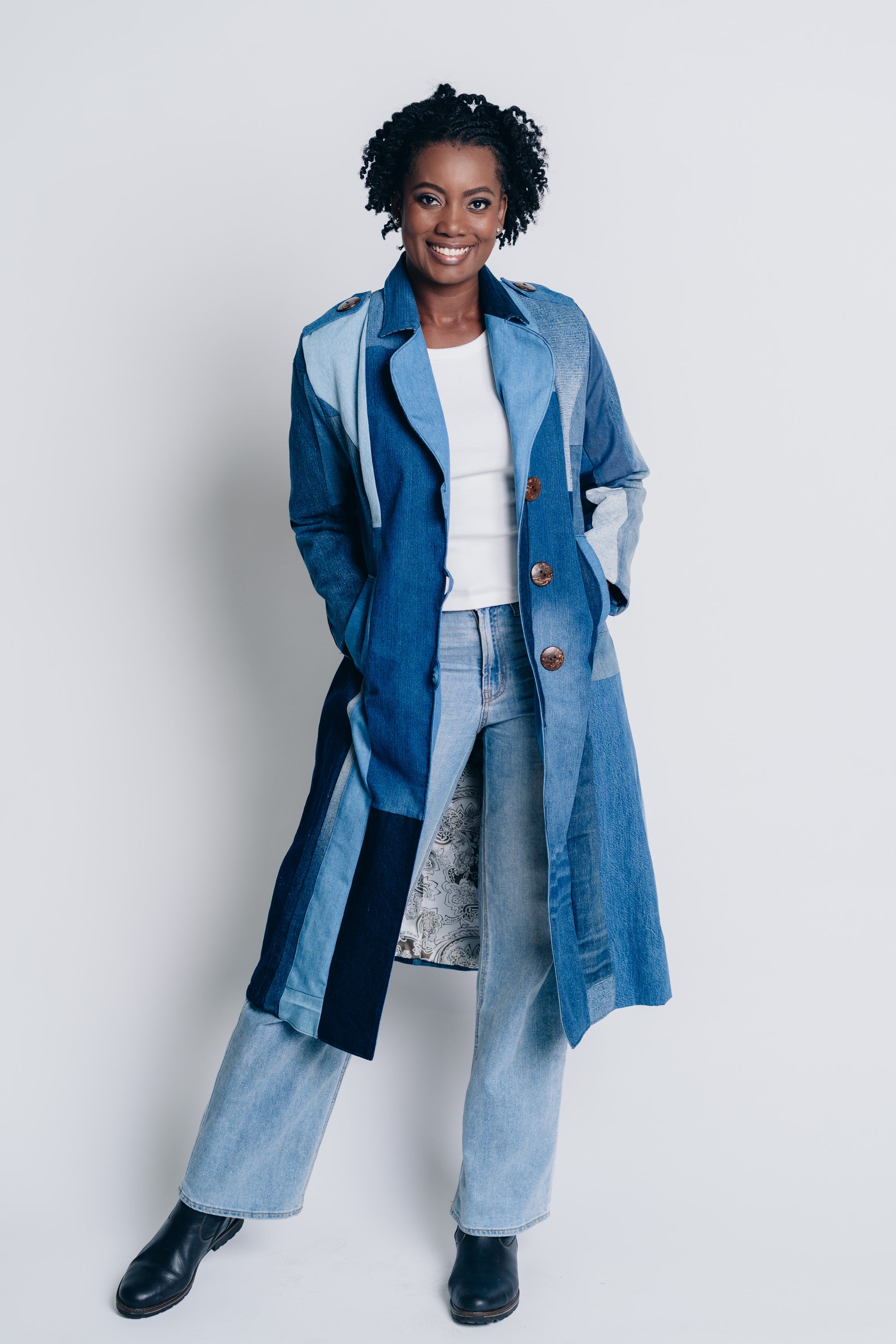 ENDLESS SUCCESS TAILORED knee length COAT, UPCYCLED AND ORGANIC DENIM PATCHWORK, in blue 