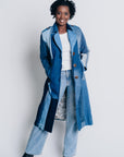 ENDLESS SUCCESS TAILORED knee length COAT, UPCYCLED AND ORGANIC DENIM PATCHWORK, in blue 