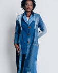 ENDLESS SUCCESS TAILORED COAT | UPCYCLED AND ORGANIC DENIM PATCHWORK - BLUES - LONG