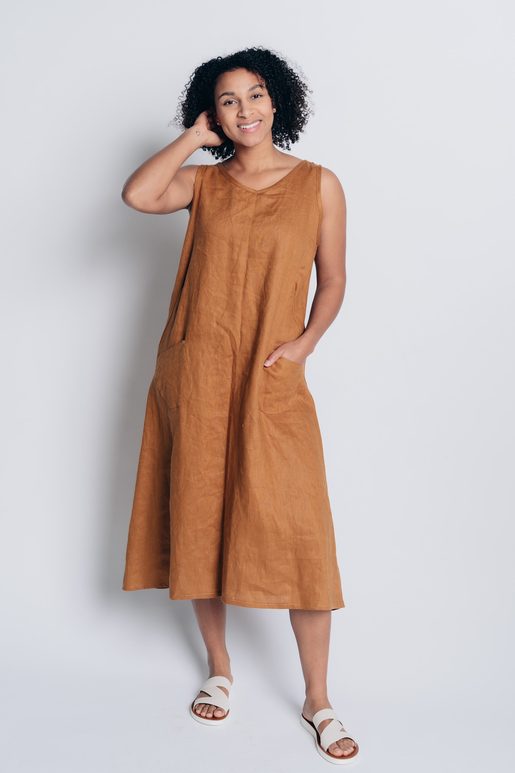ALL DAY SHIFT DRESS, longer length, 100% LINEN - pumpkin orange , sustainably crafted