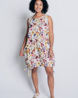 PLAYFUL CELESTE DRESS in 100% LINEN with garden print design