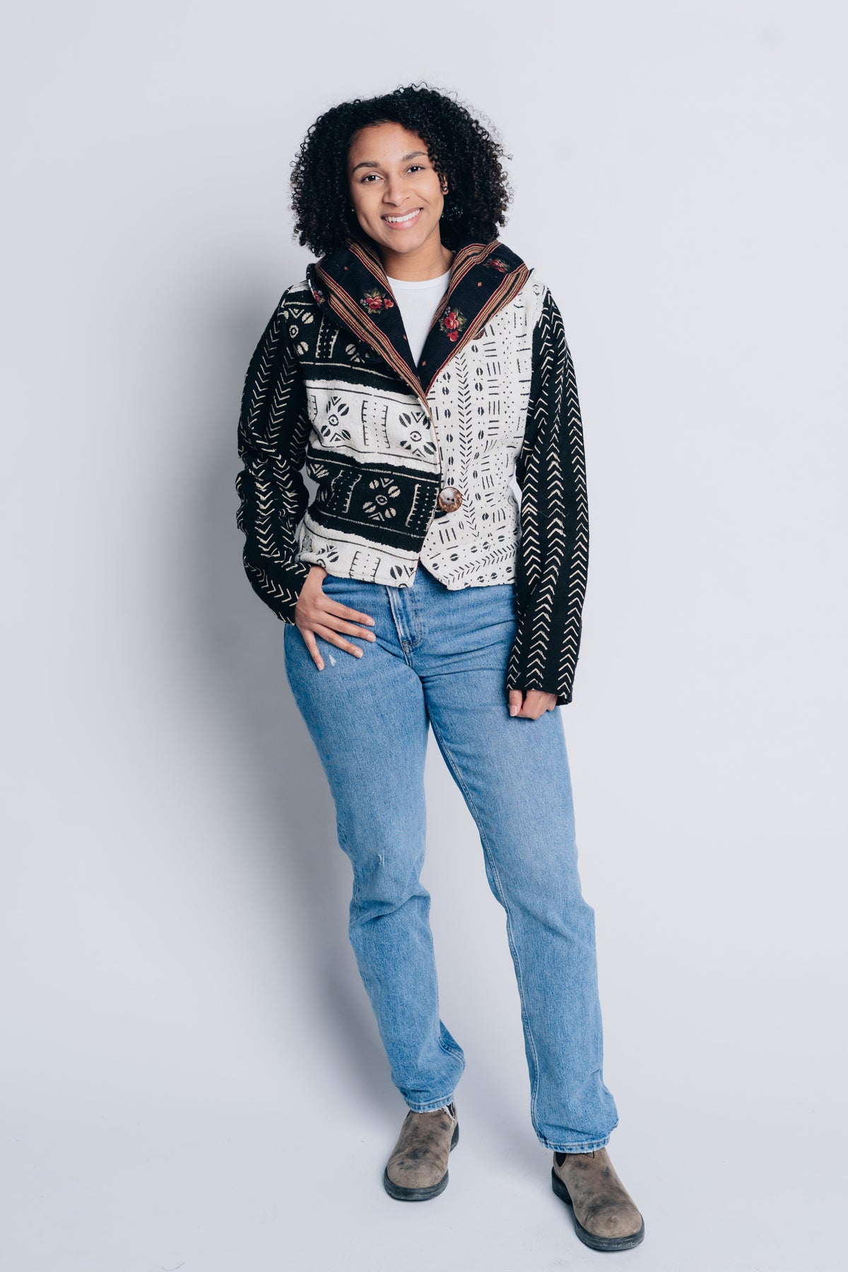 JUSTIFY JACKET HOODIE in 100% COTTON MUDCLOTH in ONYX multicolour patchwork