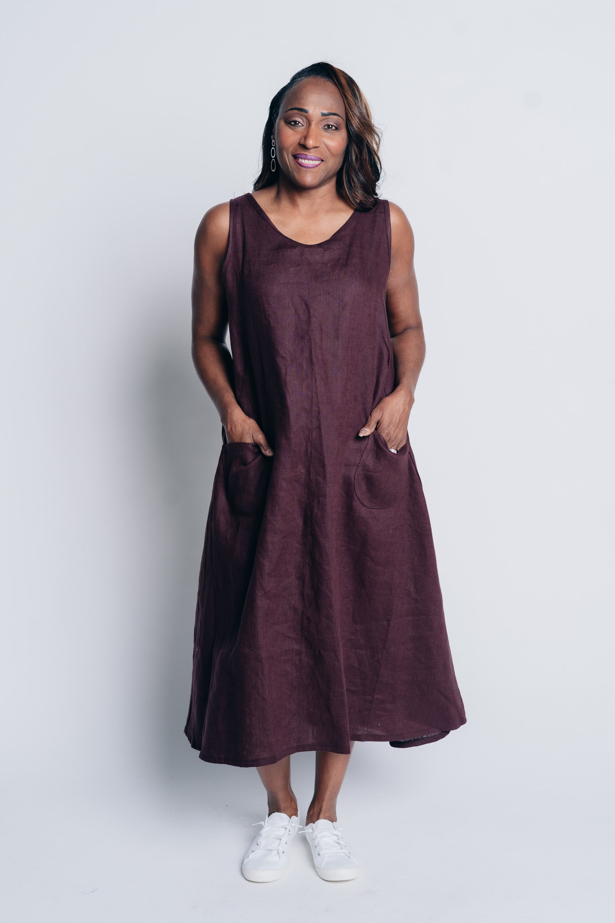 ALL DAY SHIFT DRESS, midi length, in 100% LINEN in cinnamon purple brown 