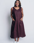 ALL DAY SHIFT DRESS, midi length, in 100% LINEN in cinnamon purple brown 