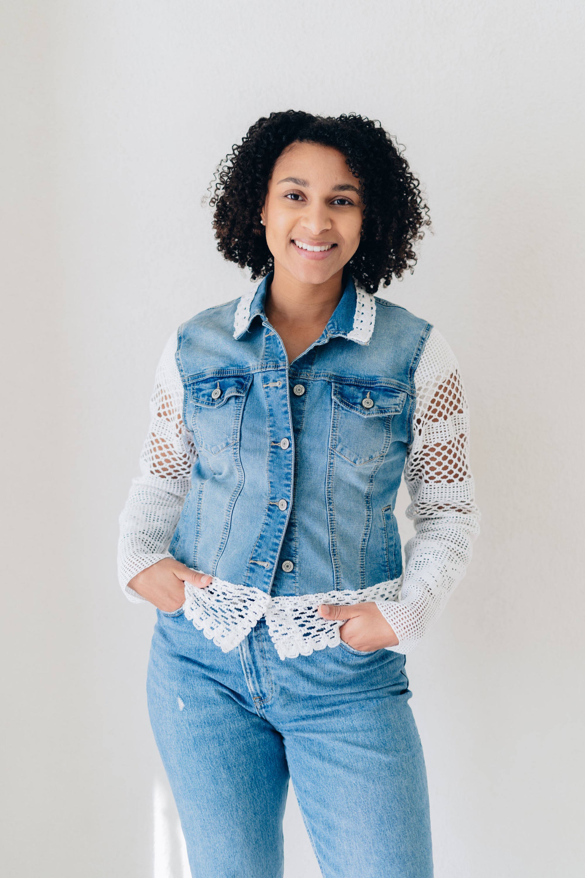 RECLAIMED JEANNIE JACKET in upcycled cotton blue DENIM with white lace sleeves 