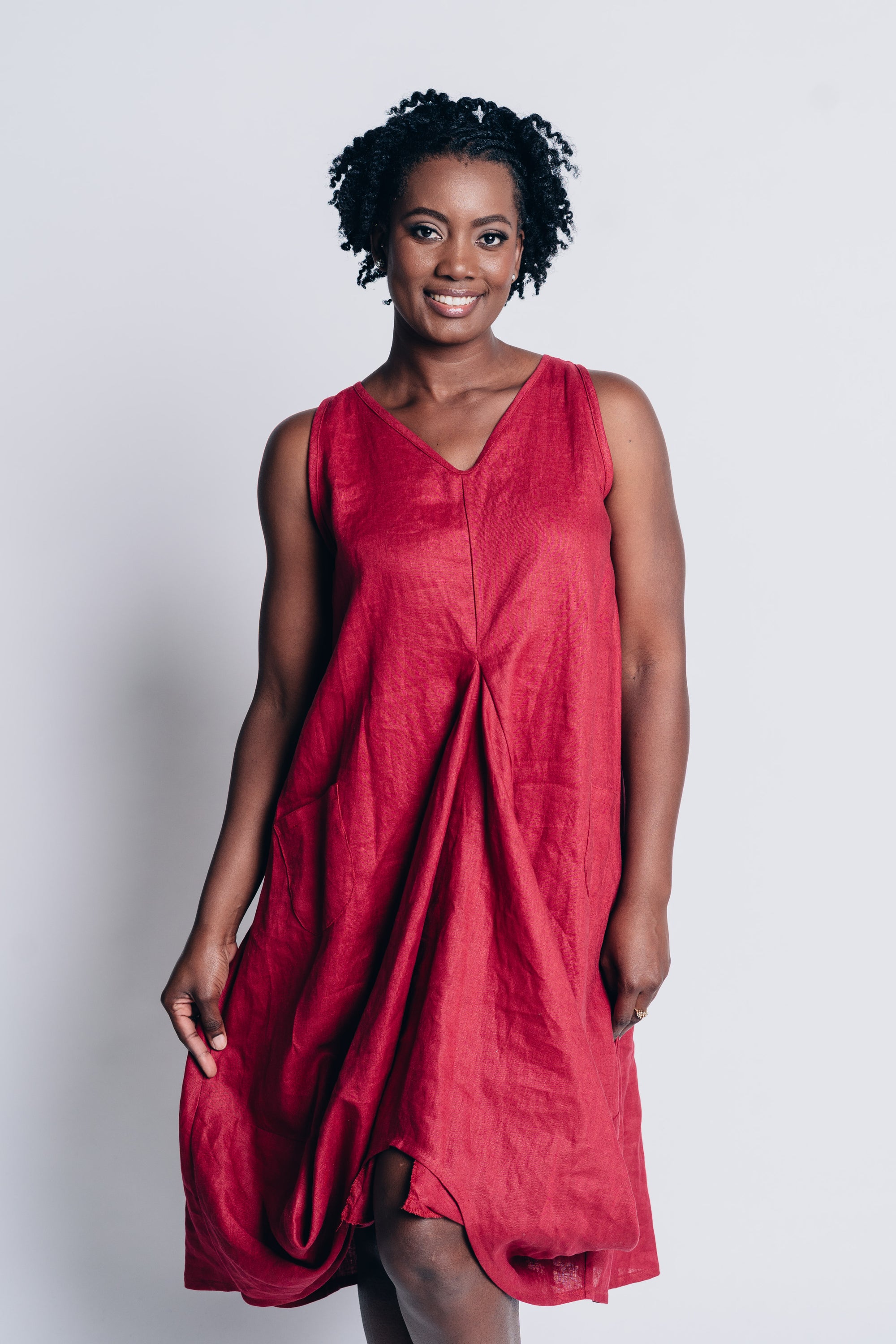 DRAPED FOREVER FROCK dress in 100% LINEN in BERRY RED