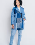 ENDLESS SUCCESS TAILORED COAT | UPCYCLED DENIM PATCHWORK - BLUES - KNEE LENGTH