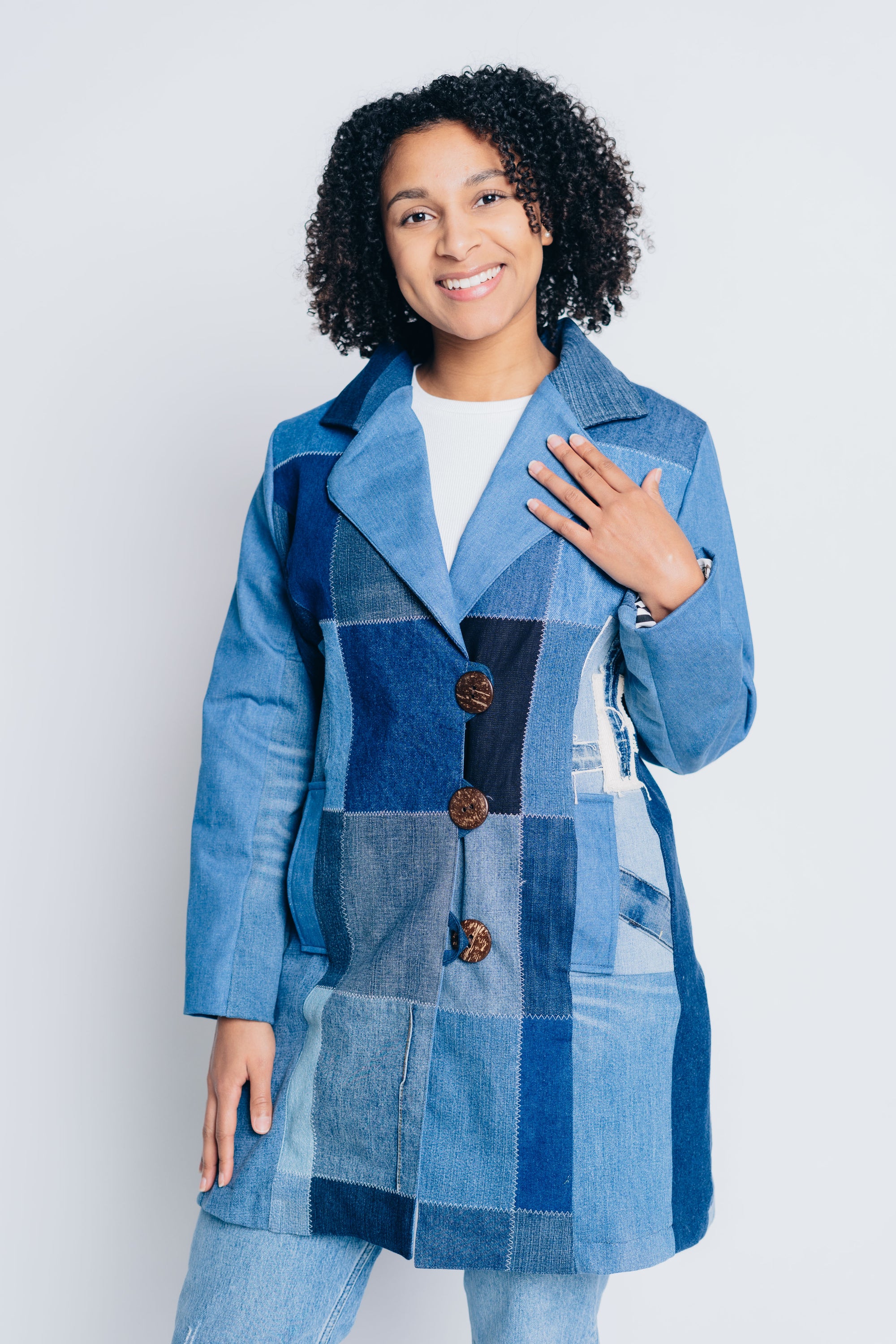 ENDLESS SUCCESS TAILORED COAT | UPCYCLED DENIM PATCHWORK - BLUES - KNEE LENGTH