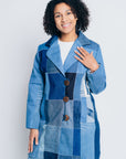 ENDLESS SUCCESS TAILORED COAT | UPCYCLED DENIM PATCHWORK - BLUES - KNEE LENGTH