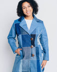 ENDLESS SUCCESS TAILORED COAT | UPCYCLED DENIM PATCHWORK - BLUES - KNEE LENGTH