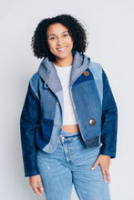 Load image into Gallery viewer, JUSTIFY JACKET HOODIE | UPCYCLED DENIM PATCHWORK - BLUES
