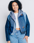 JUSTIFY JACKET HOODIE | UPCYCLED DENIM PATCHWORK - BLUES