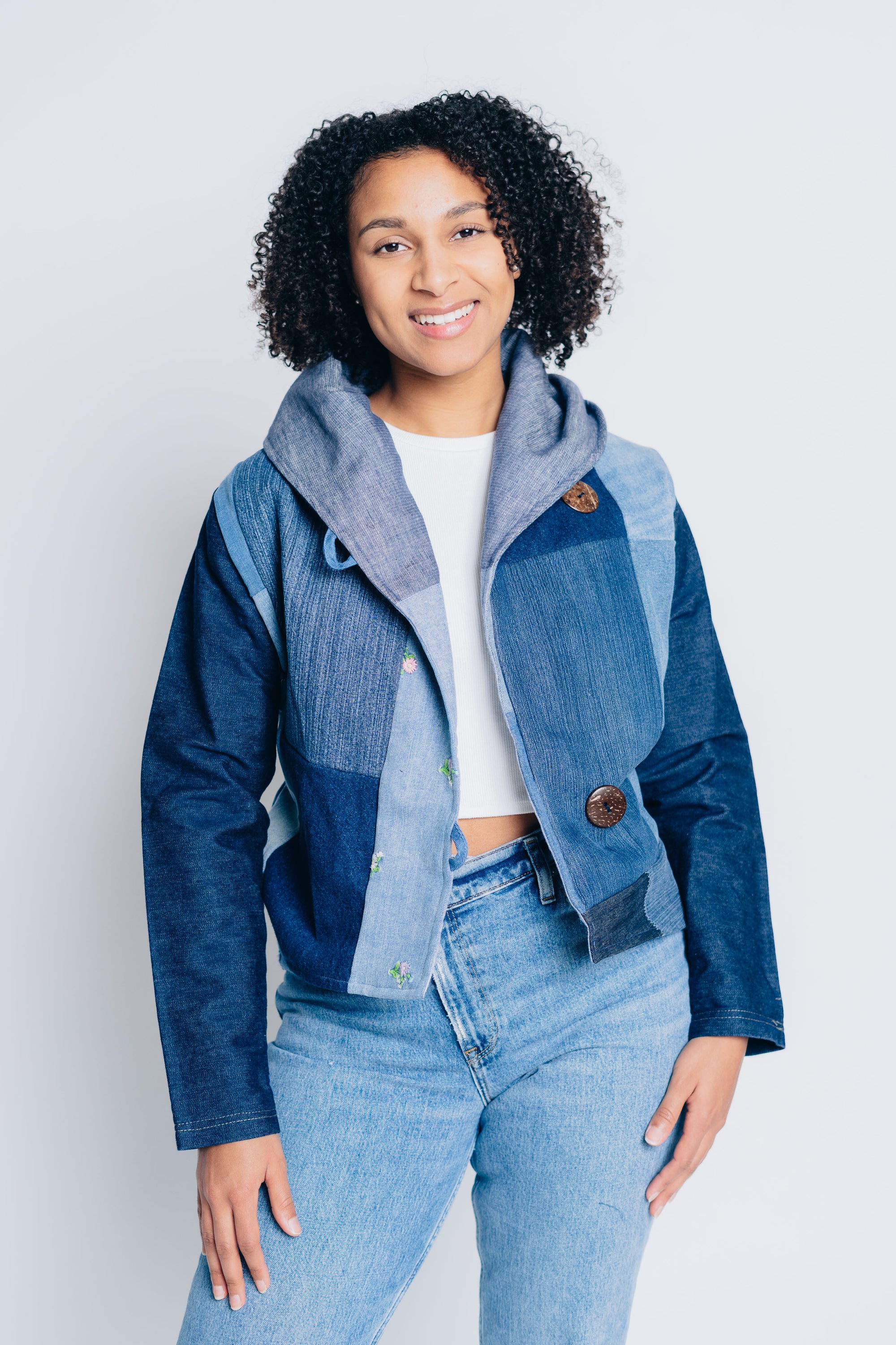 JUSTIFY JACKET HOODIE in UPCYCLED blue DENIM PATCHWORK 