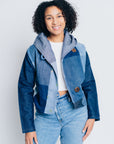 JUSTIFY JACKET HOODIE in UPCYCLED blue DENIM PATCHWORK 