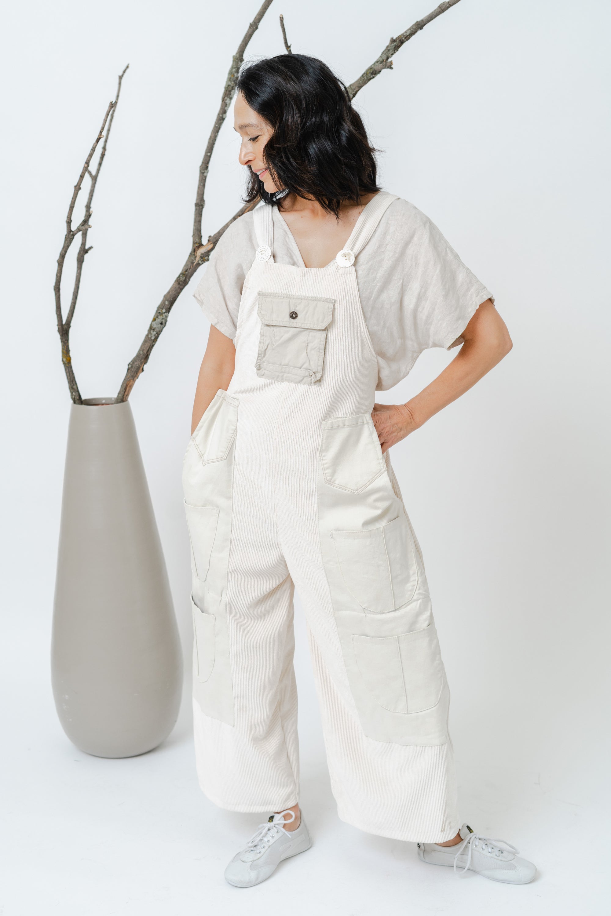 URBAN REWORK OVERALLS in WASHED creme CORDUROY and upcycled pockets