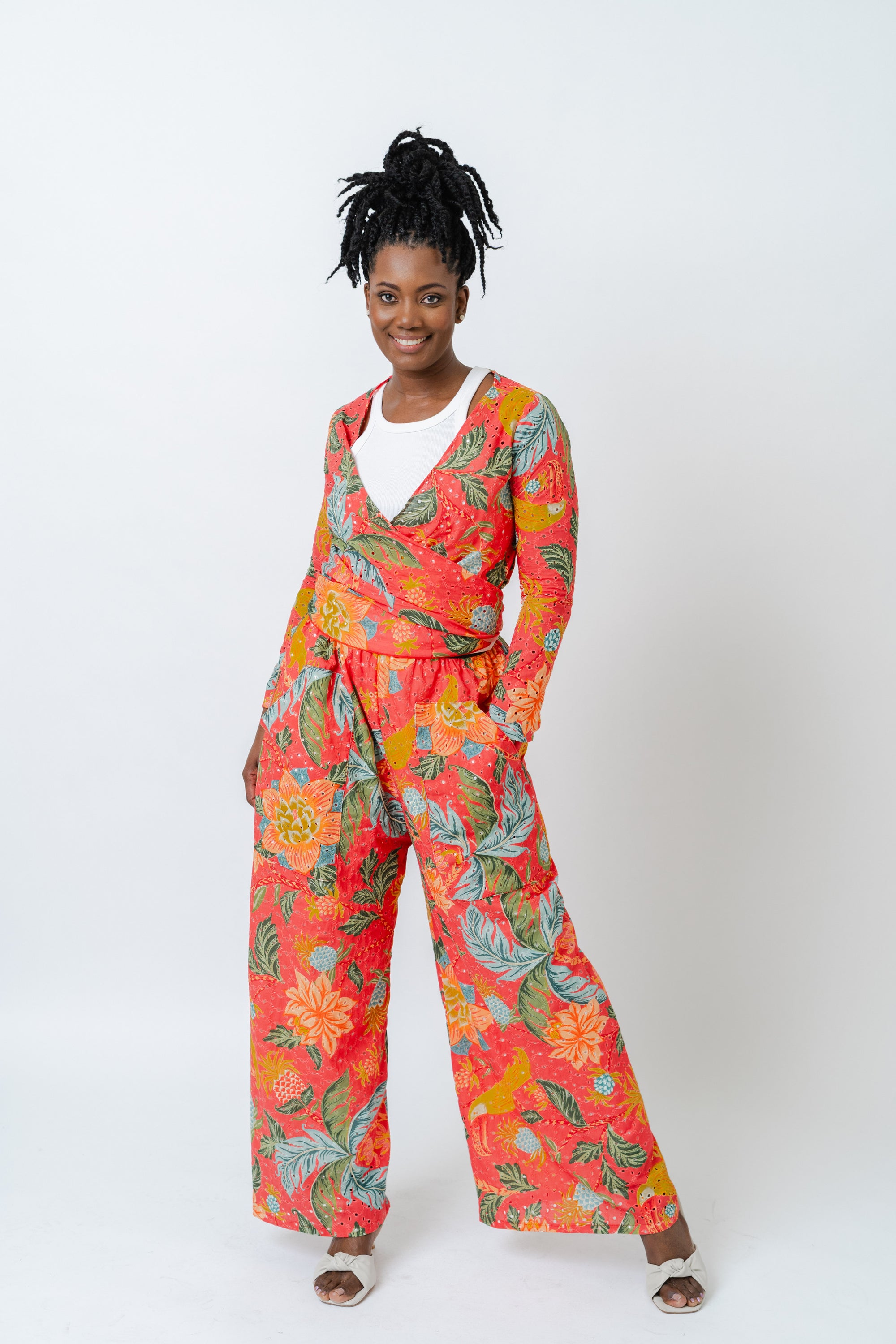 WRAP TOP in COTTON eye lit fabric with BURNT CIENNA PRINT