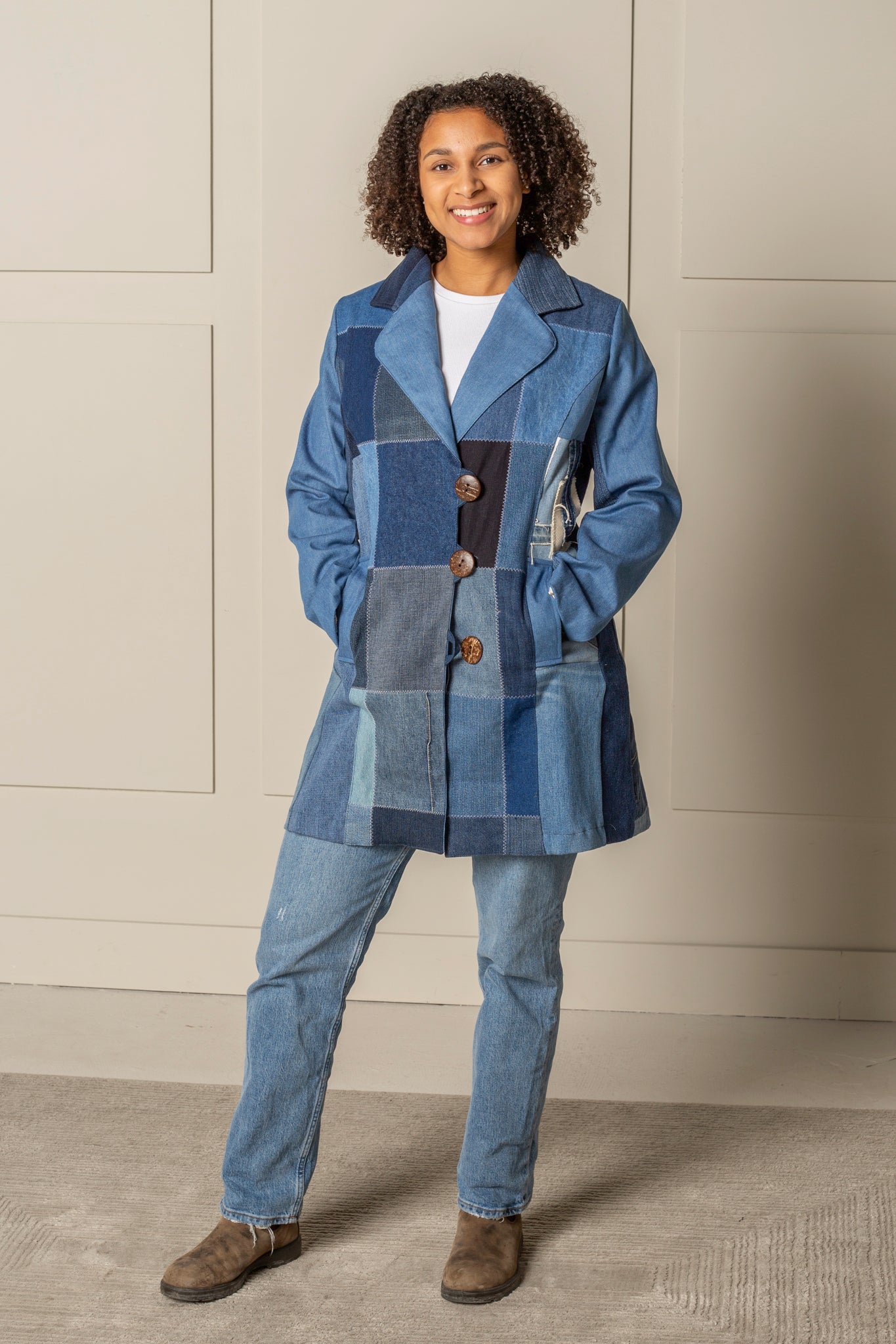 ENDLESS SUCCESS TAILORED knee-length COAT, UPCYCLED blue DENIM PATCHWORK