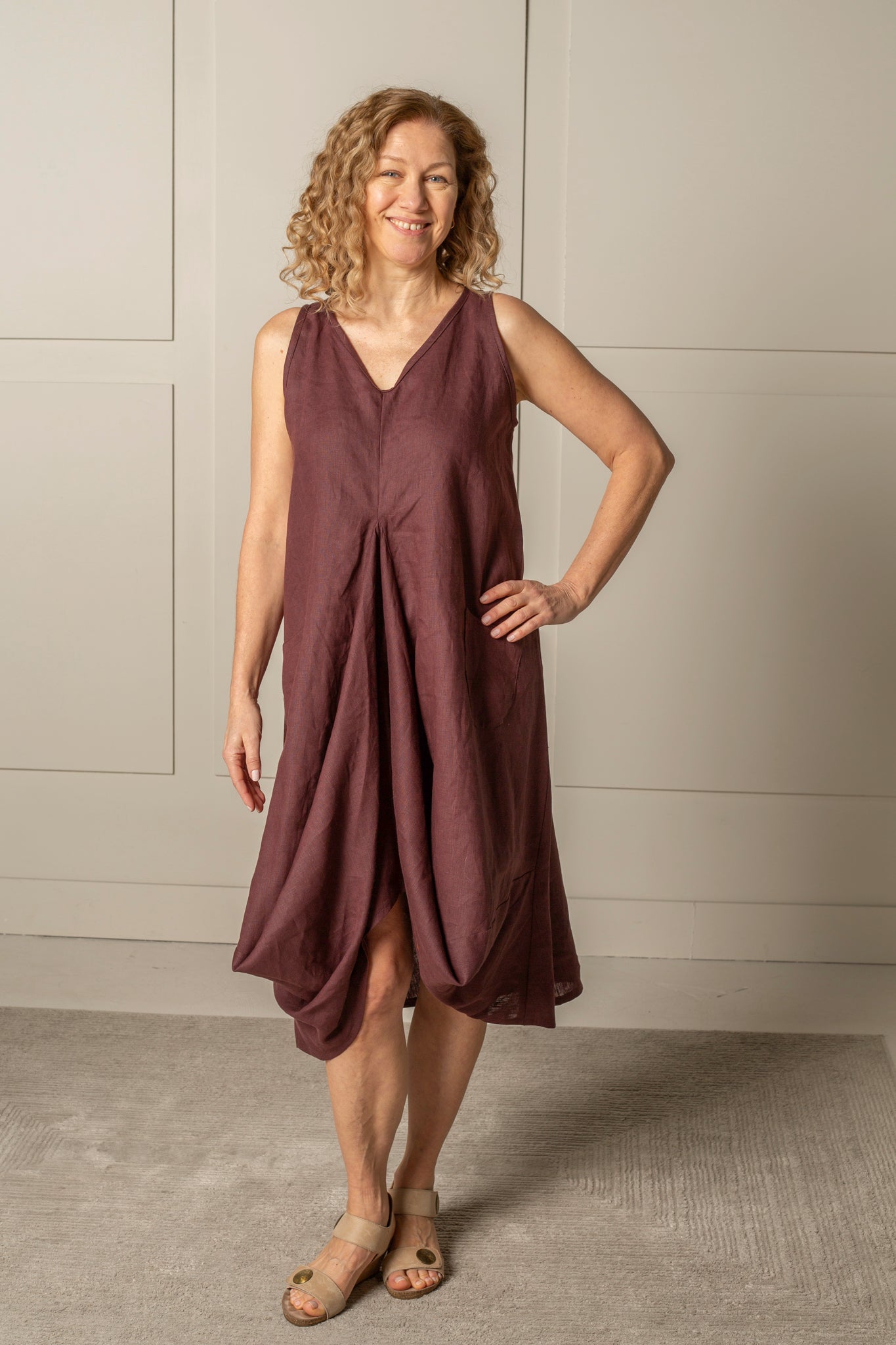 DRAPED FOREVER FROCK dress in 100% LINEN in cinnamon purple brown