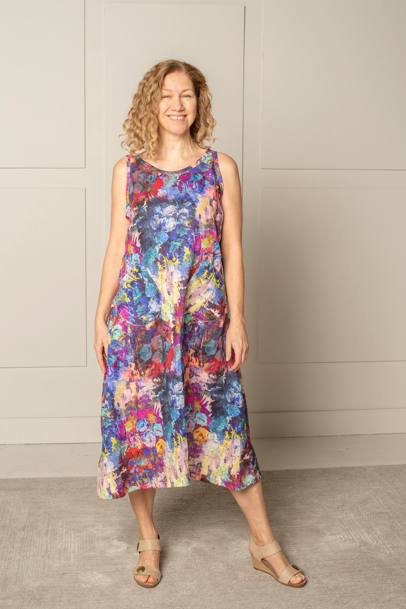 ALL DAY SHIFT DRESS, midi length, in 100% LINEN in magenta blue design